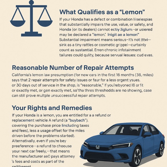 Honda Lemon Law Representation in Fresno, CA. Specializing in Honda sedans, SUVs, and trucks. Contact us for a free case evaluation
